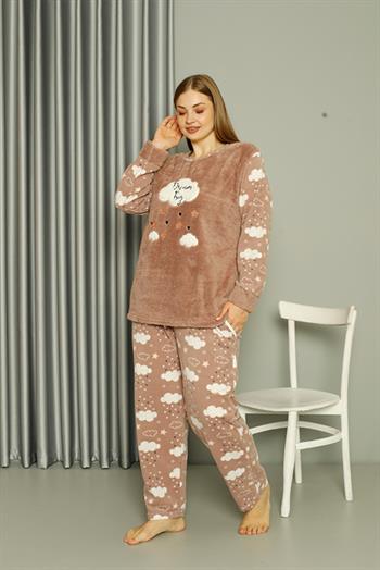 Akbeniz Welsoft Polar Kadın Büyük Beden Sütlü Kahve Pijama Takımı 808044