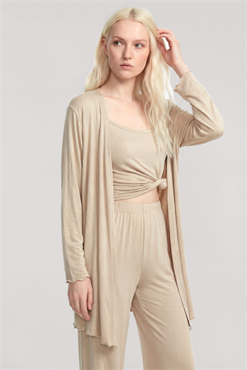 Yumuşak Dokulu Dökümlü Kısa Kimono Bej