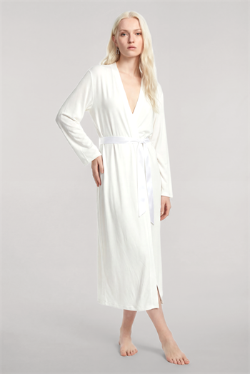 Yumuşak Dokulu Dökümlü Uzun Kimono Ekru