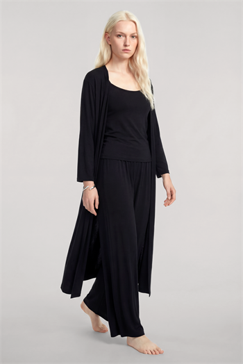 Yumuşak Dokulu Dökümlü Uzun Kimono Siyah