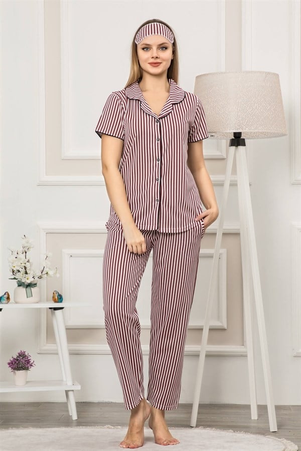 Akbeniz Kadın Bordo Beyaz Renk Pamuklu Cepli Kısa Kol Pijama Takım 2534