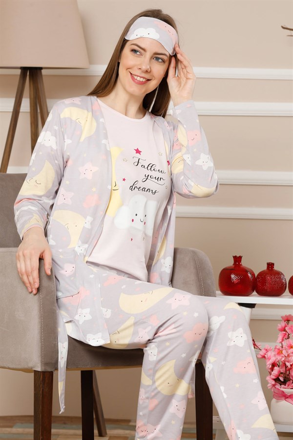Akbeniz Kadın Lila Renk Pamuklu Cepli 3'lü Pijama Takım 1114