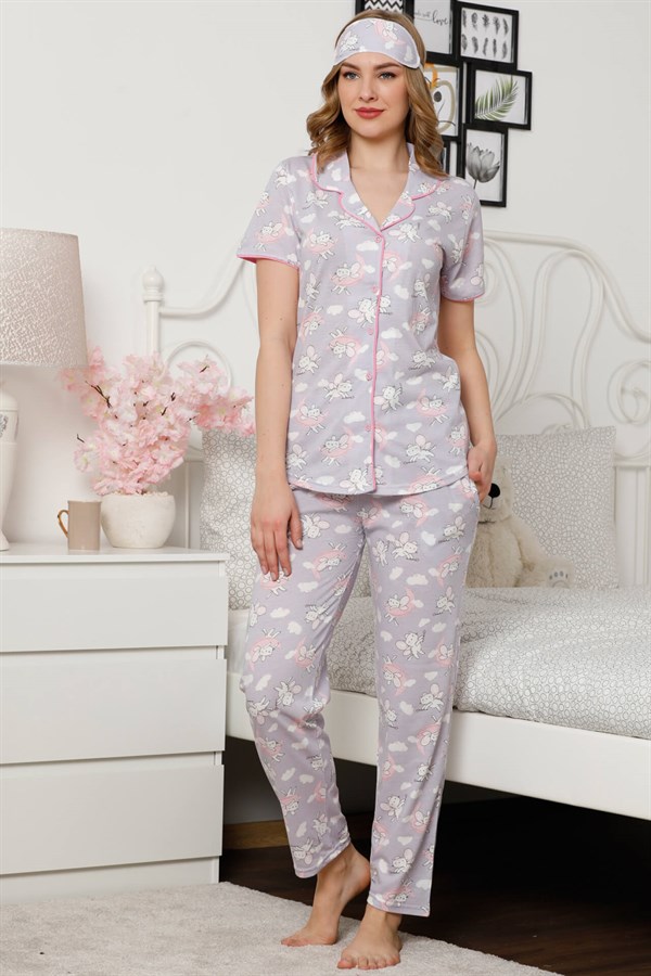 Akbeniz Kadın Lila Renkli Pamuklu Cepli Kısa Kol Pijama Takım 2528