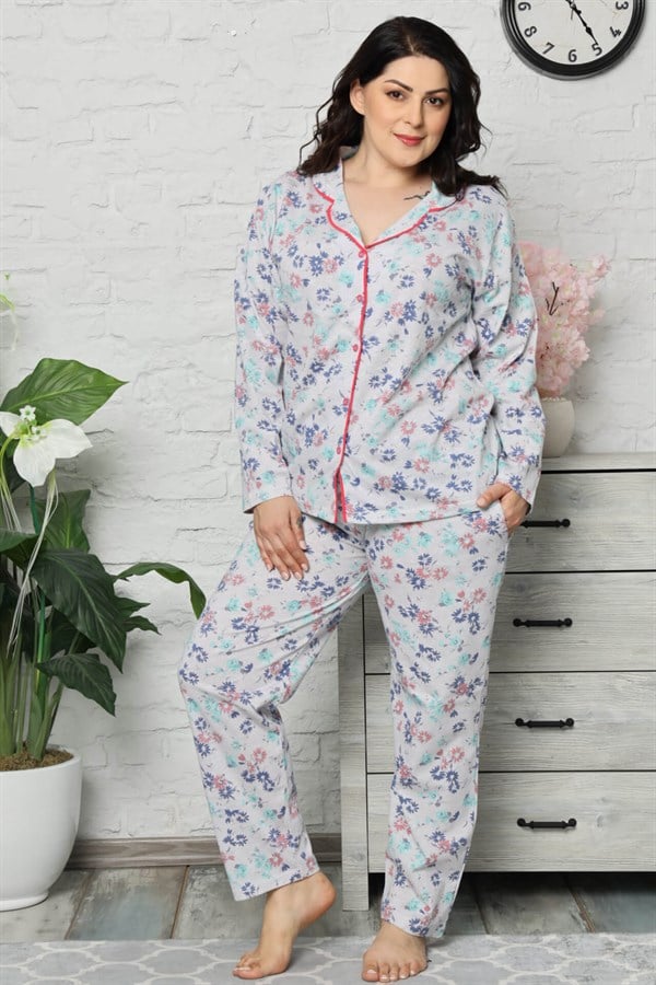 Akbeniz Kadın Pamuklu Cepli Uzun Kol Büyük Beden Pijama Takım 202041