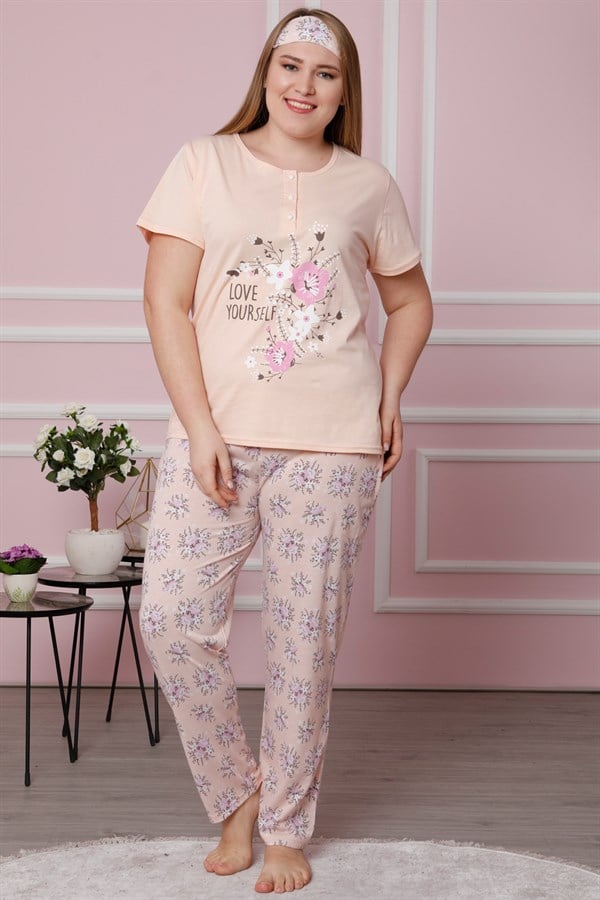 Akbeniz Kadın Somon Pamuklu Cepli Kısa Kol Büyük Beden Pijama Takım 202010