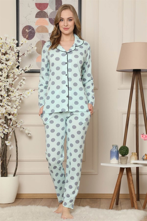 Akbeniz Kadın Su Yeşili Pamuklu Düğmeli Cepli Uzun Kol Pijama Takım 2473