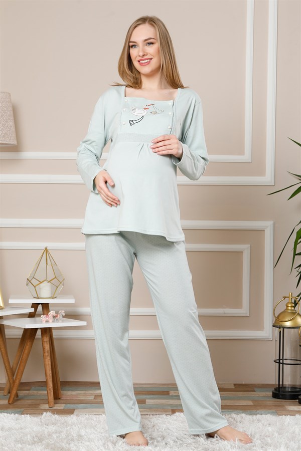 Akbeniz Kadın Su Yeşili Renk Pamuklu Hamile Pijama Takımı 4511
