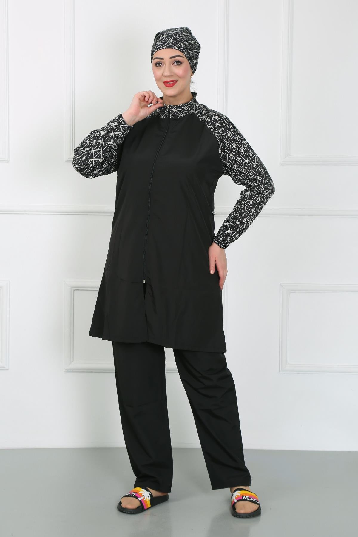 Akbeniz Büyük Beden Desenli Tesettür Mayo Siyah 44030