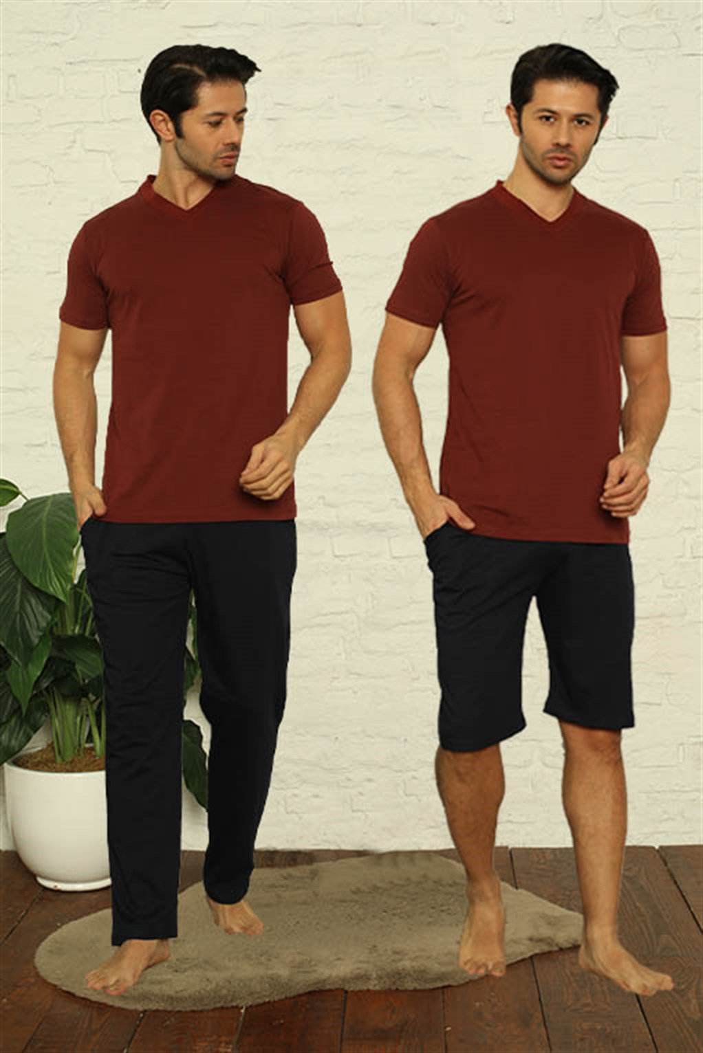Akbeniz Erkek Bordo V Yaka 3'lü Pijama Takım