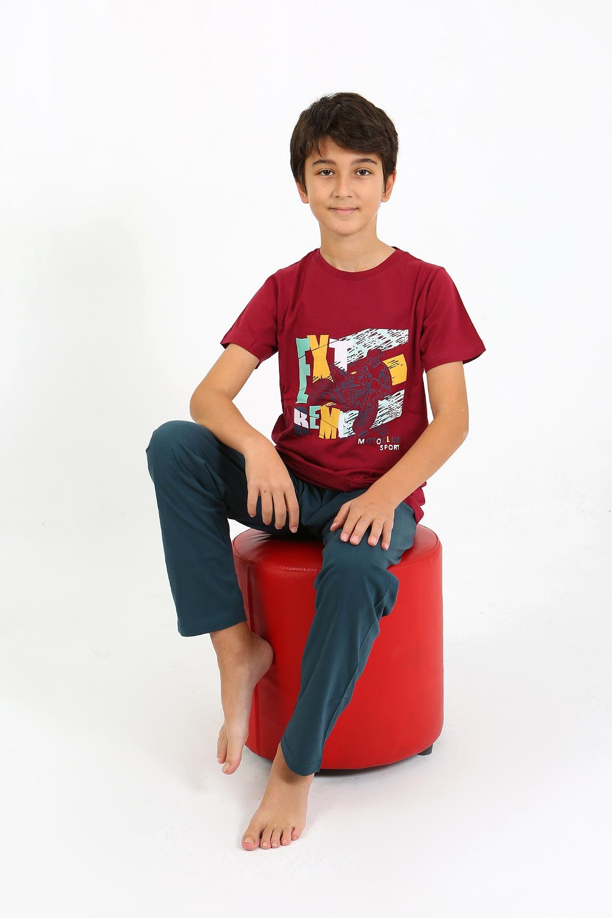 Akbeniz Erkek Çocuk Kısa Kol Penye Pijama Takım 20758 Bordo