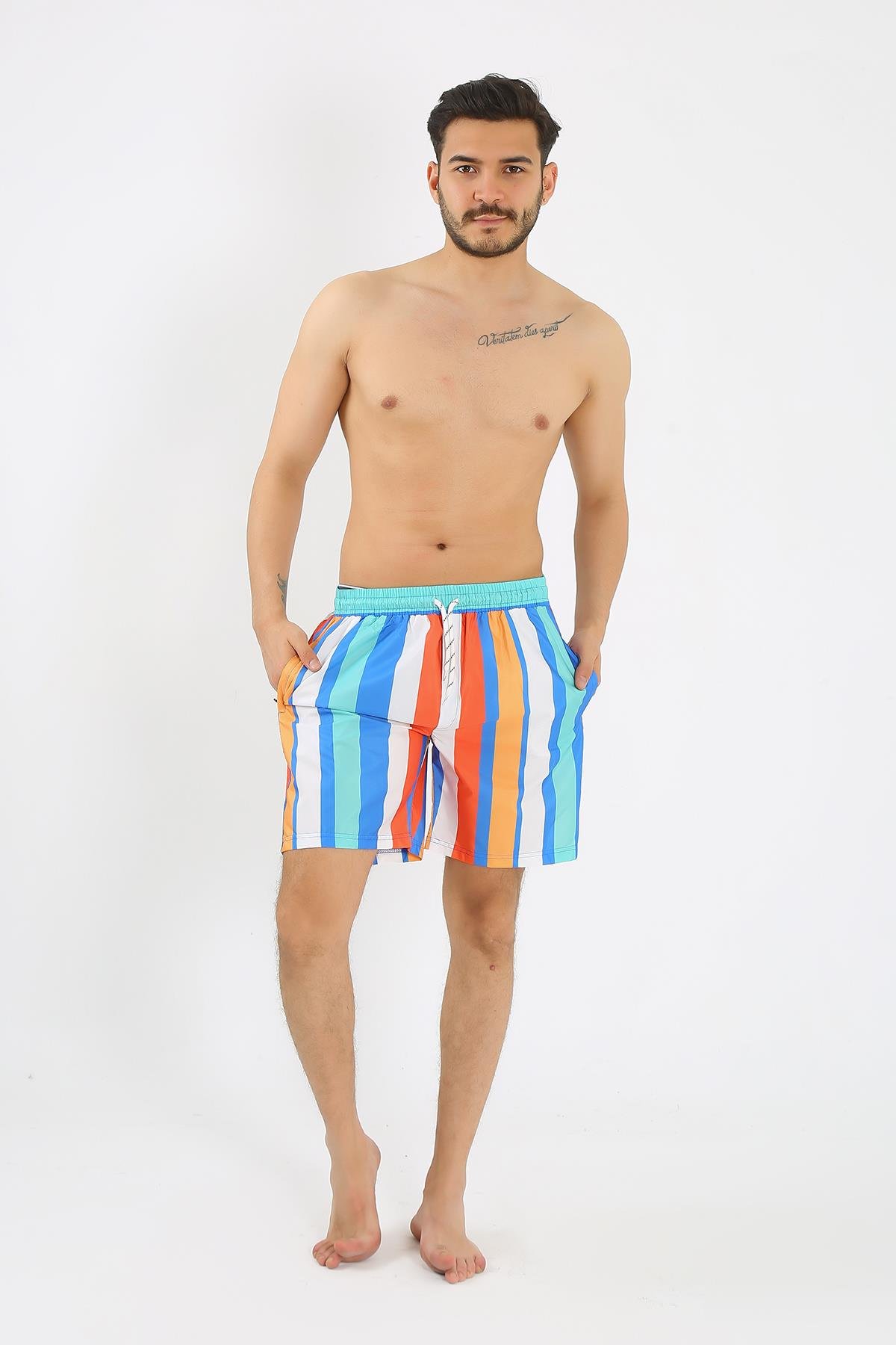 Akbeniz Erkek Desenli Fermuar Cepli Deniz Şortu Mavi 27526