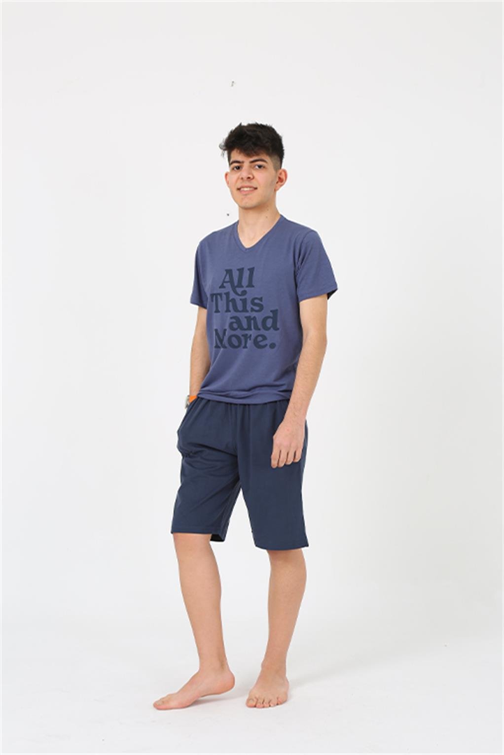 Akbeniz Erkek Genç Garson Boy Kısa Kol Lacivert Penye Şortlu Pijama Takımı 20377