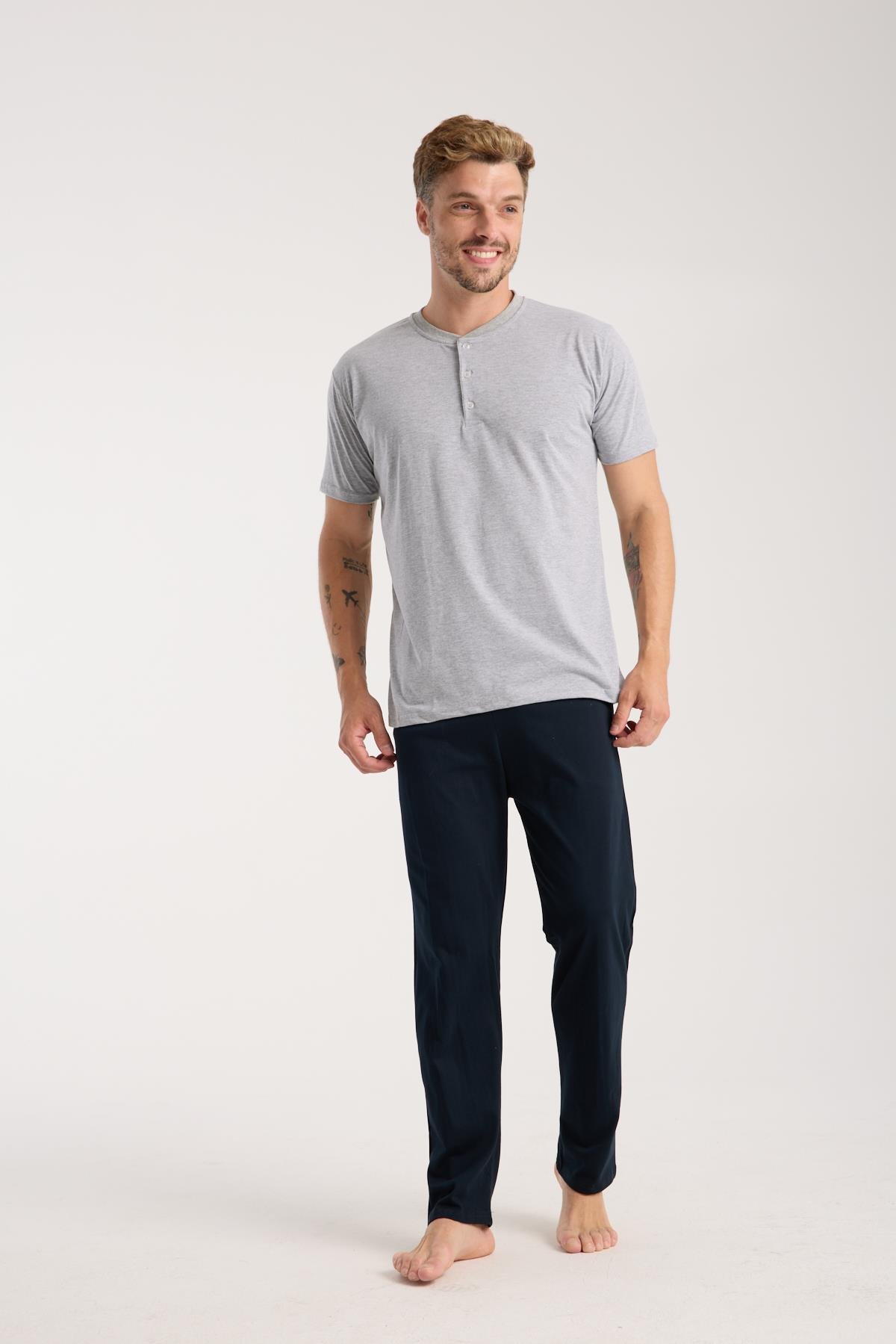 Akbeniz Erkek Gri Düğmeli Yaka Kısa Kol Pijama Takımı