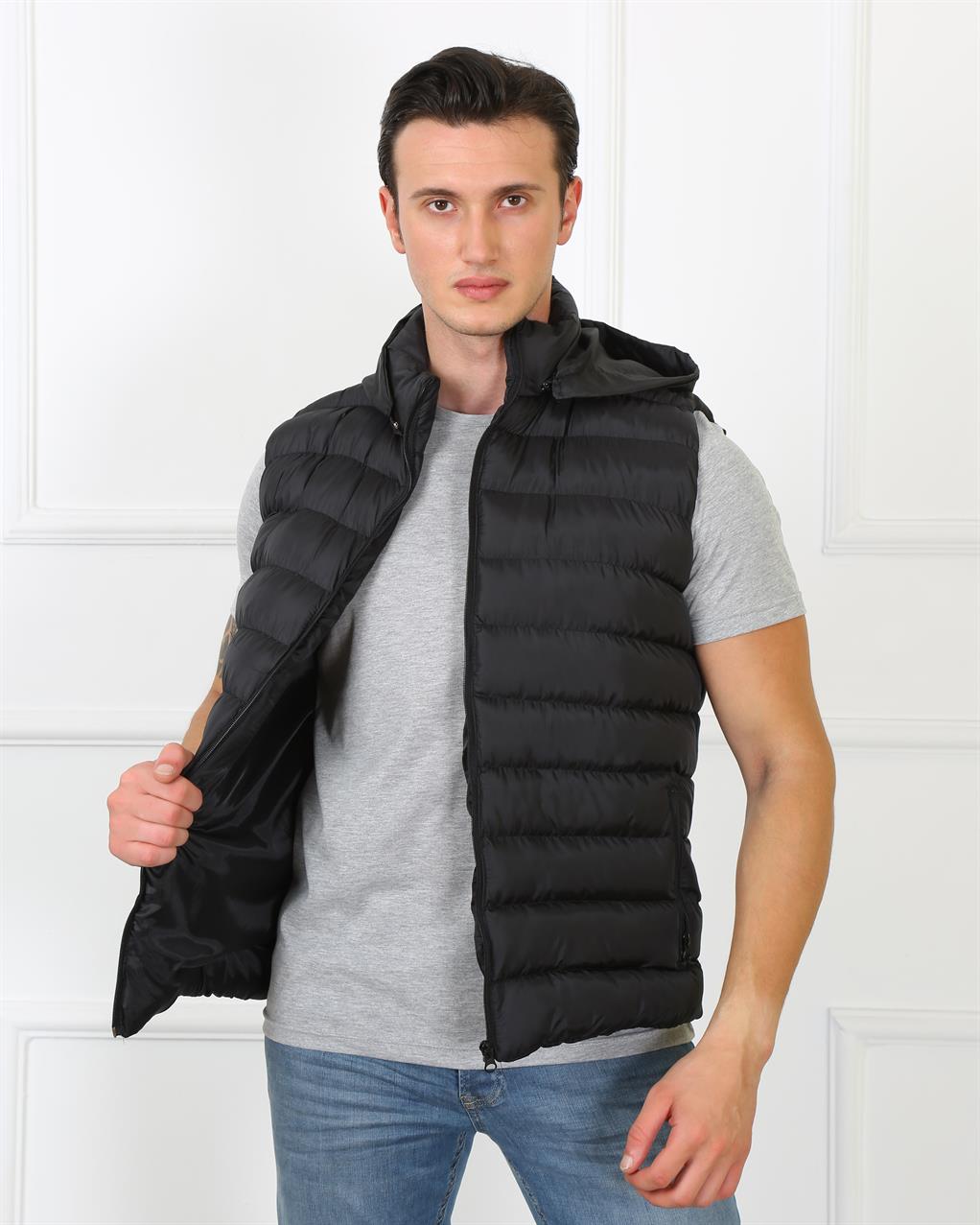 Akbeniz Erkek Kapşonlu Siyah Şişme Yelek 75100