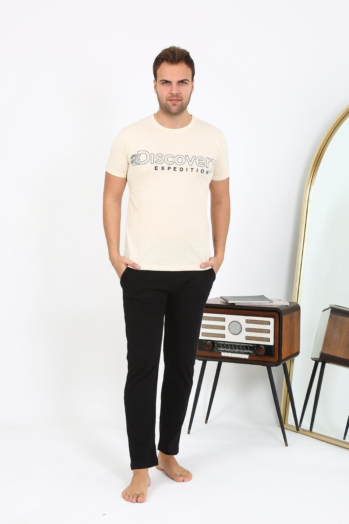 Akbeniz Erkek Kısa Kol Penye Pijama Takımı 6866 Krem