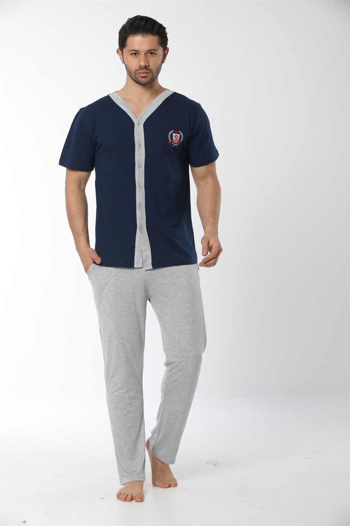 Akbeniz Erkek Lacivert Önden Düğmeli Pijama Takım 6536