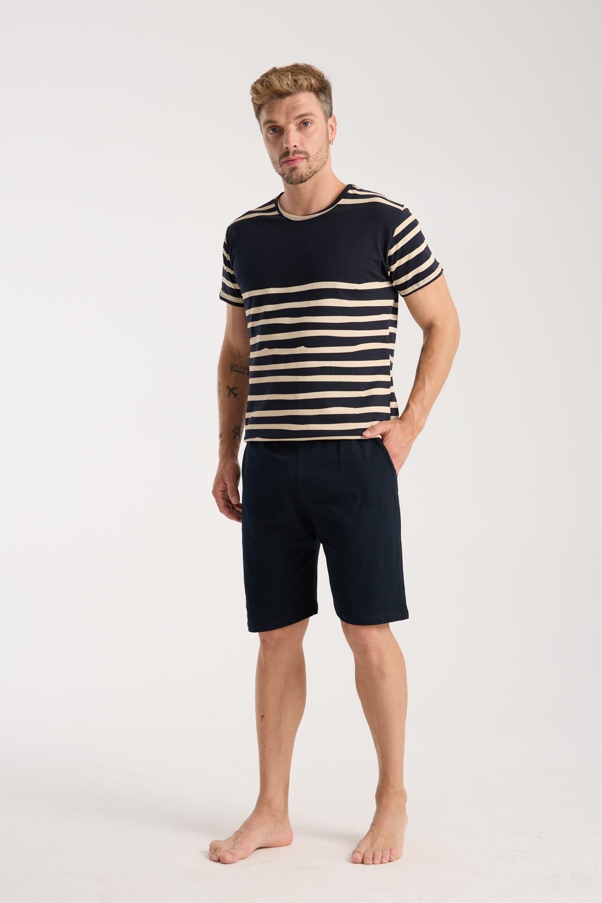 Akbeniz Erkek Lacivert Sıfır Yaka Kısa Kol Şortlu Pijama Takımı