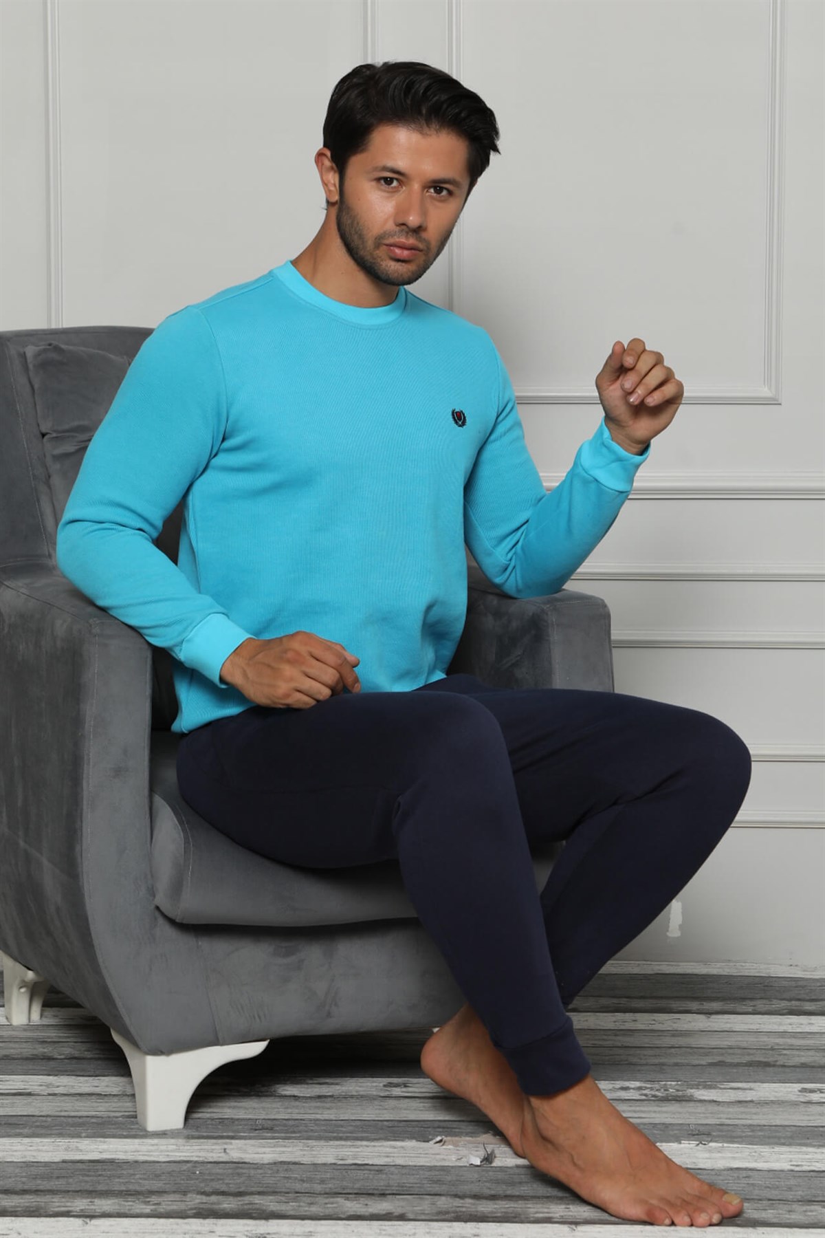 Akbeniz Erkek Pamuk Cepli Ribana Paça Uzun Kollu Pijama Takımı 6700