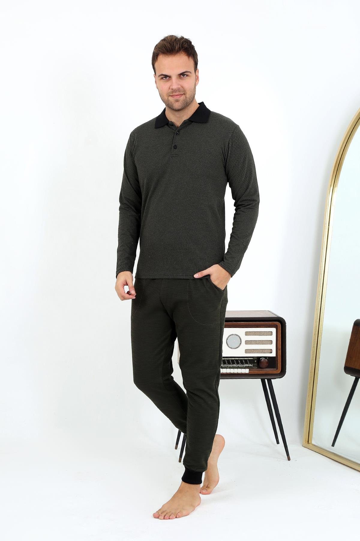Akbeniz Erkek Polo Yaka Uzun Kol Penye Pijama Takımı 6862 Haki