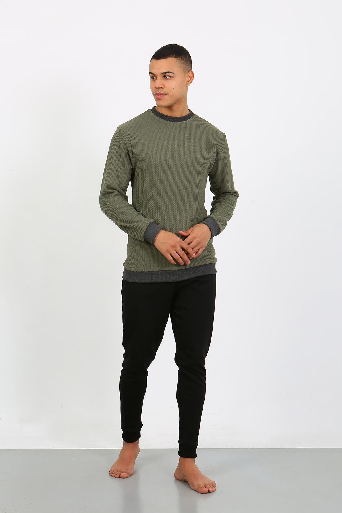 Akbeniz Erkek Uzun Kol Manşetli Paça Penye Pijama Takımı 6870 Haki