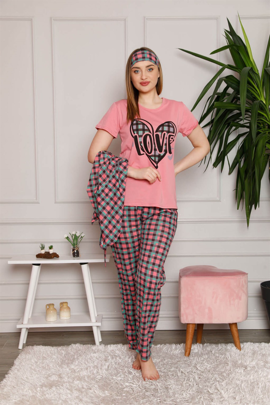 Akbeniz Kadın %100 Pamuk 3'lü Sabahlık Pijama Takım | Akbeniz