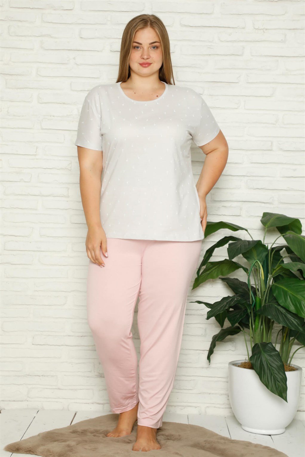 Akbeniz Kadın %100 Pamuk Cepli Kısa Kol Büyük Beden Pijama Takım 202109