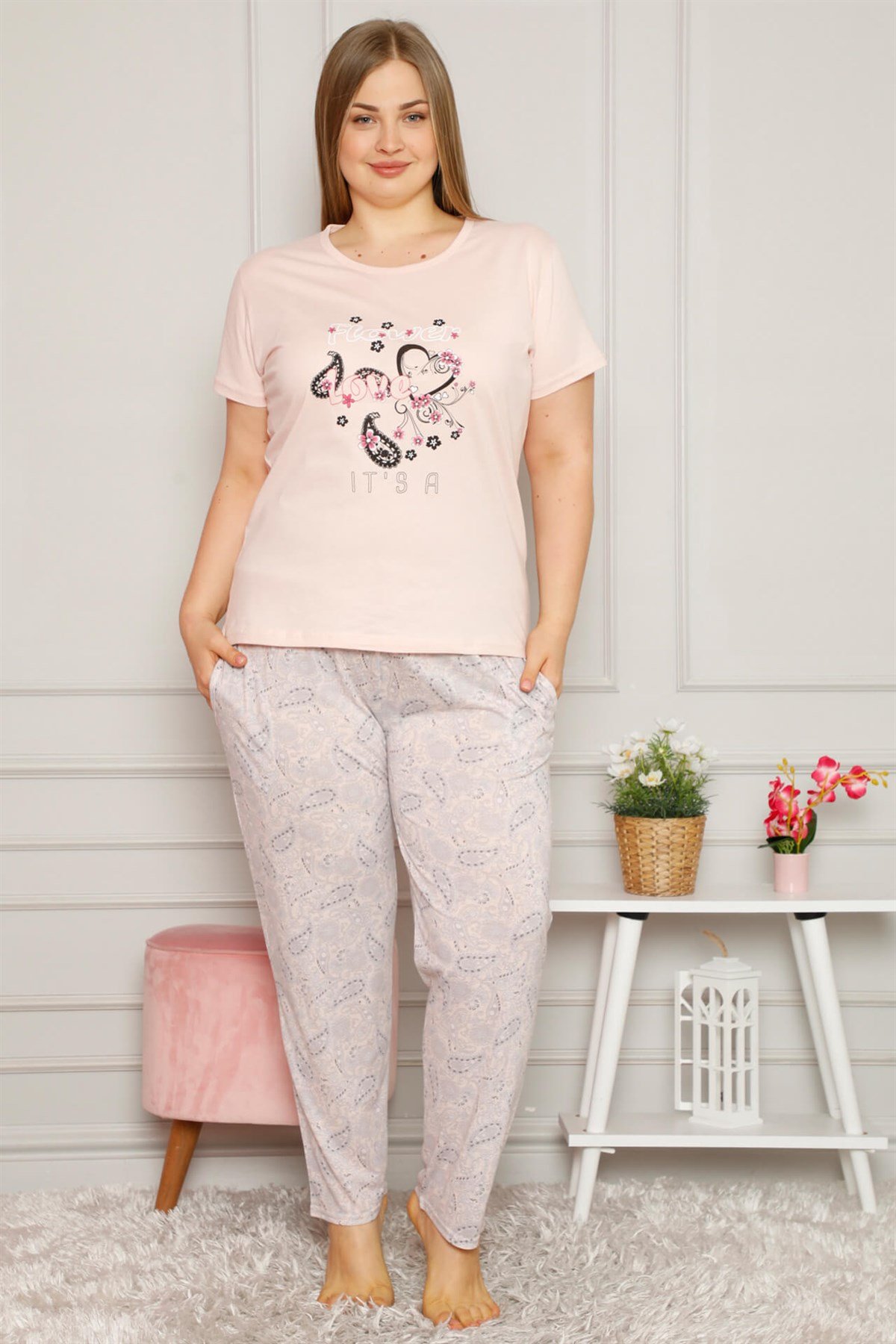 Akbeniz Kadın %100 Pamuk Cepli Kısa Kol Büyük Beden Pijama Takım 202082