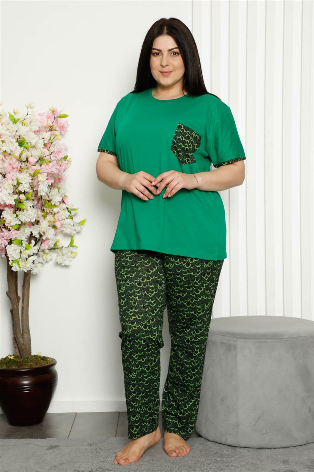 Akbeniz Kadın %100 Pamuk Cepli Kısa Kol Büyük Beden Pijama Takım 202103