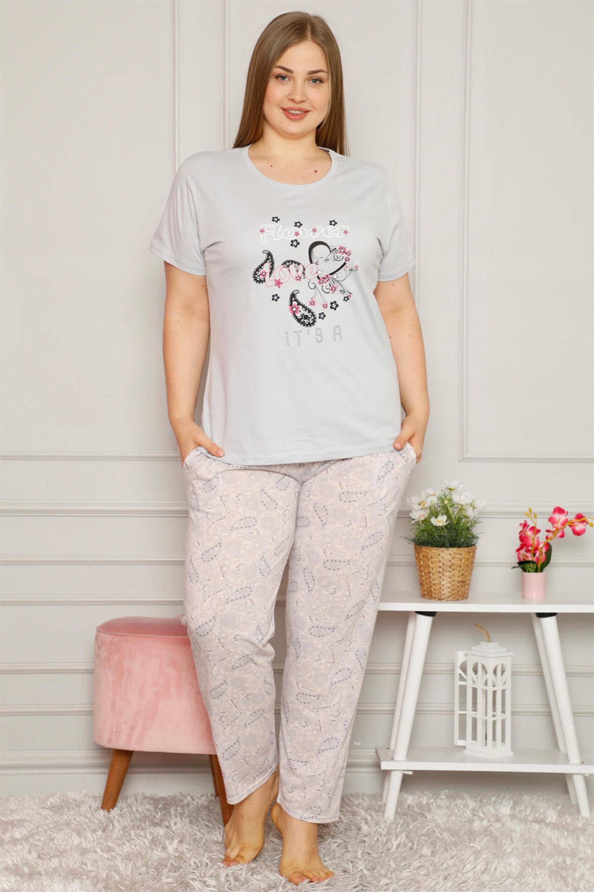 Akbeniz Kadın %100 Pamuk Cepli Kısa Kol Büyük Beden Pijama Takım 202081