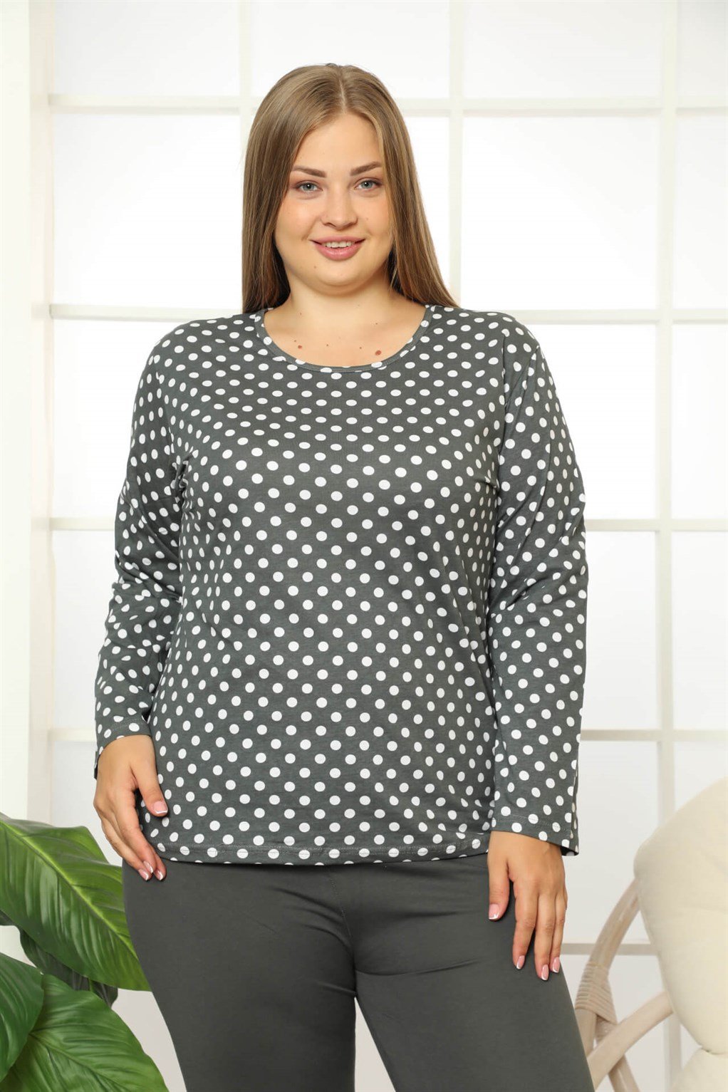 Akbeniz Kadın %100 Pamuk Cepli Uzun Kol Büyük Beden Pijama Takım 202112
