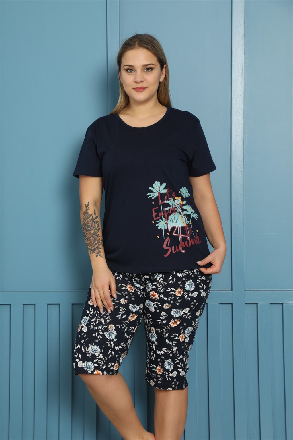Akbeniz Kadın %100 Pamuk Kapri Büyük Beden Pijama Takım 202151