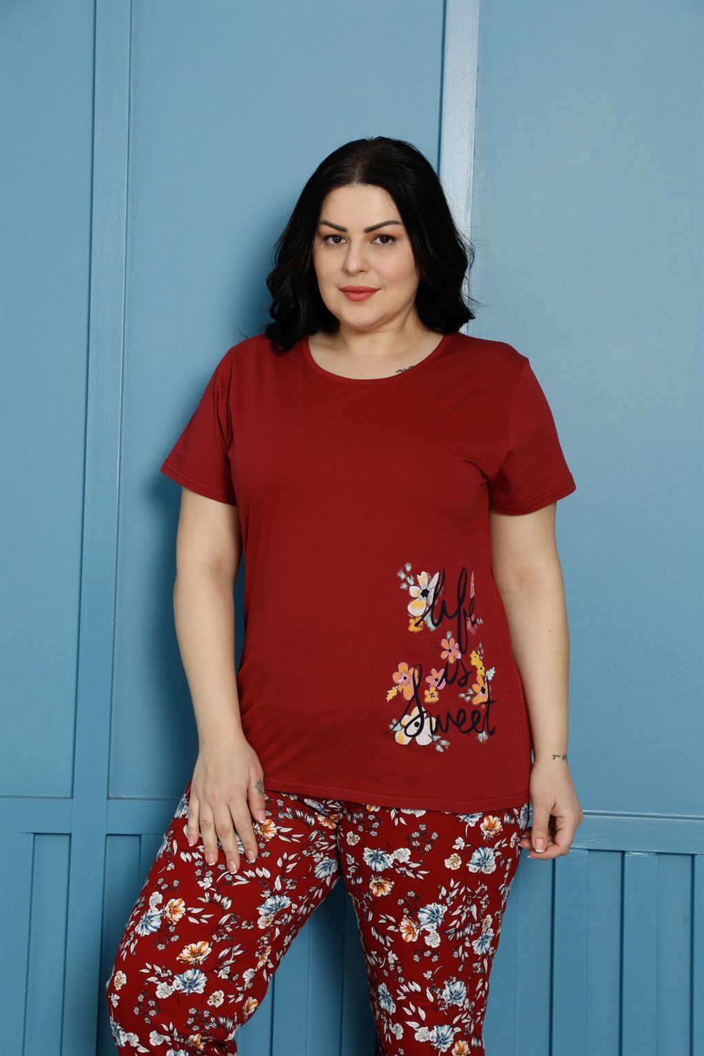 Akbeniz Kadın %100 Pamuk Kısa Kol Büyük Beden Pijama Takım 202137