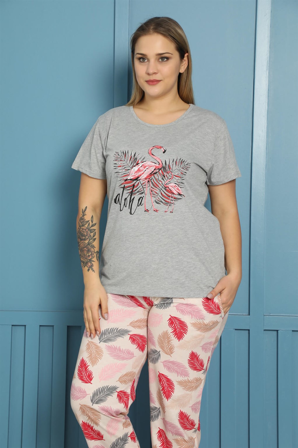 Akbeniz Kadın %100 Pamuk Kısa Kol Büyük Beden Pijama Takım 202154