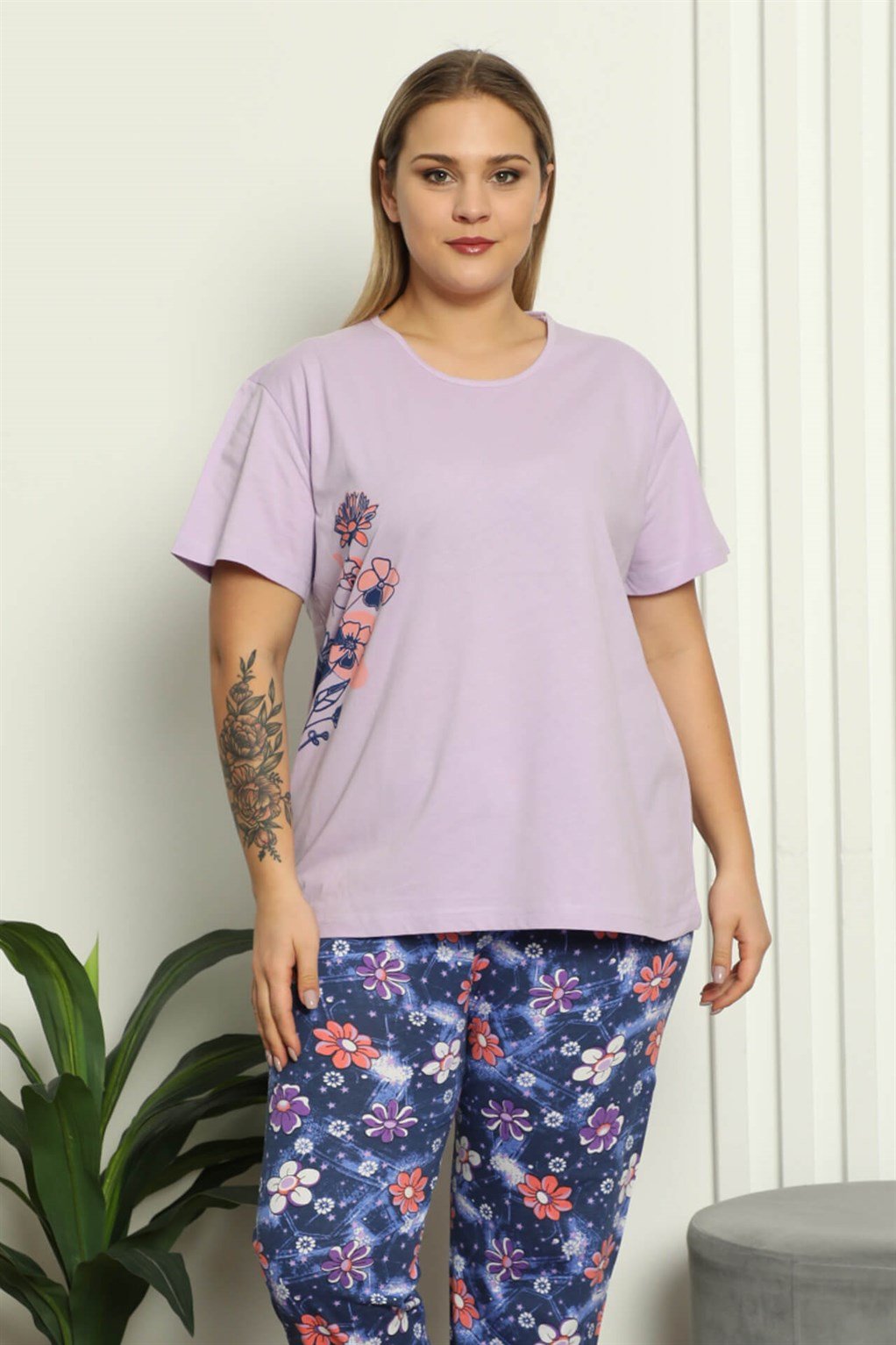 Akbeniz Kadın %100 Pamuk Kısa Kol Büyük Beden Pijama Takım 202139