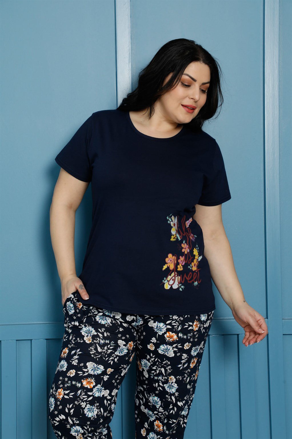 Akbeniz Kadın %100 Pamuk Kısa Kol Büyük Beden Pijama Takım 202138