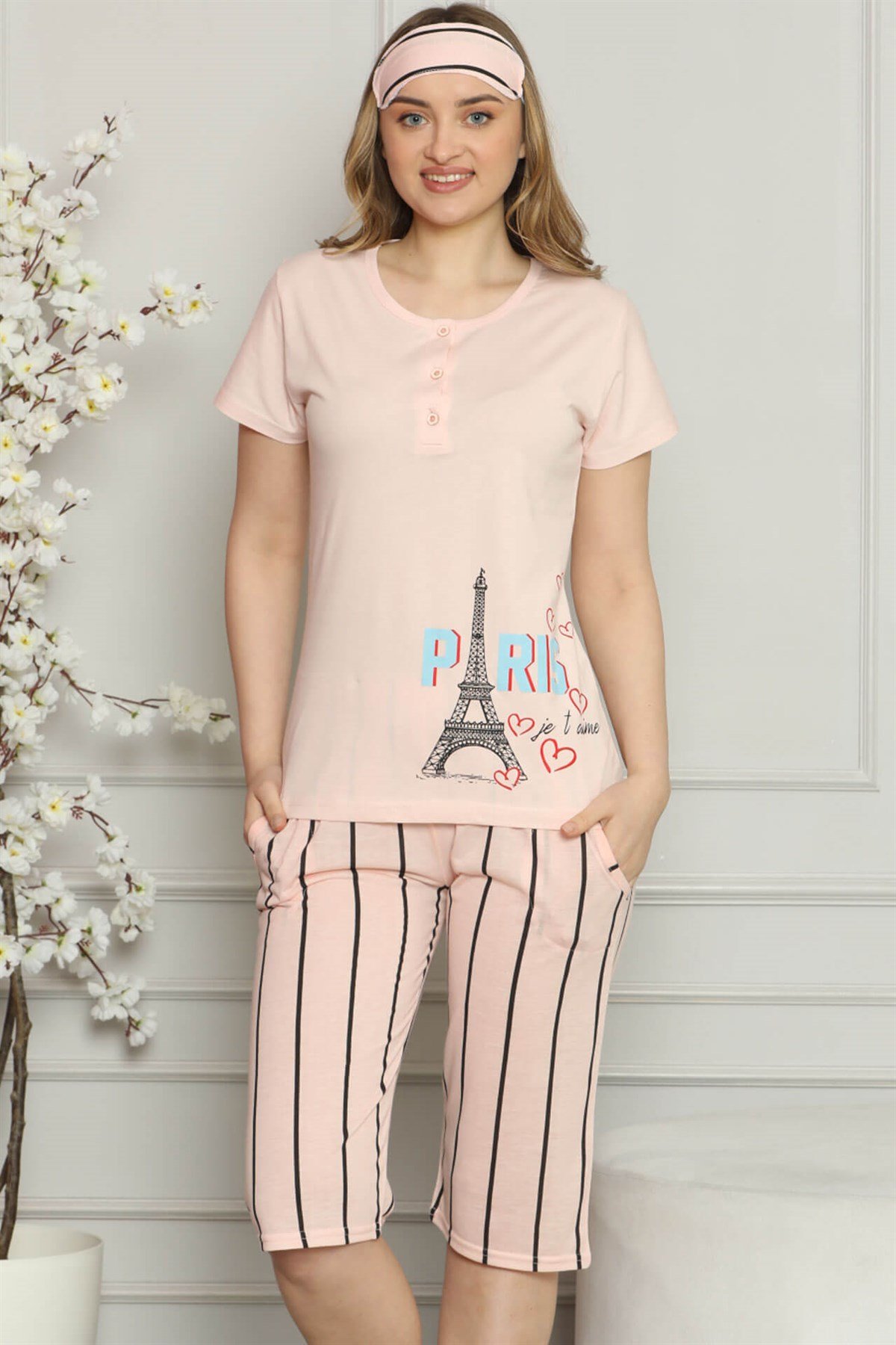 Akbeniz Kadın %100 Pamuk Penye Kısa Kol Kapri Pijama Takım 3544