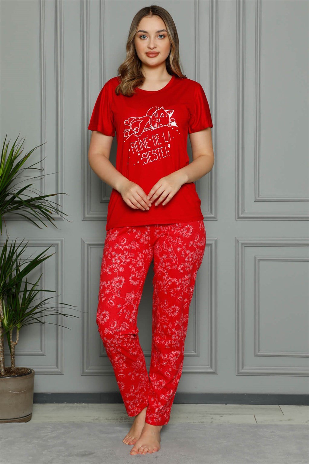 Akbeniz Kadın %100 Pamuk Penye Kısa Kol Pijama Takım 3390
