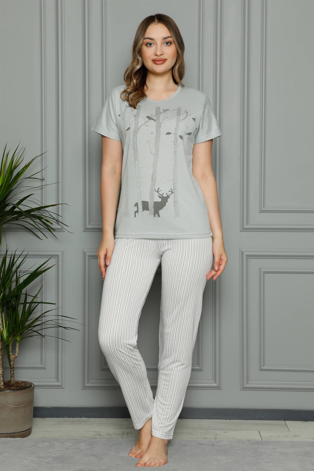 Akbeniz Kadın %100 Pamuk Penye Kısa Kol Pijama Takım 3385