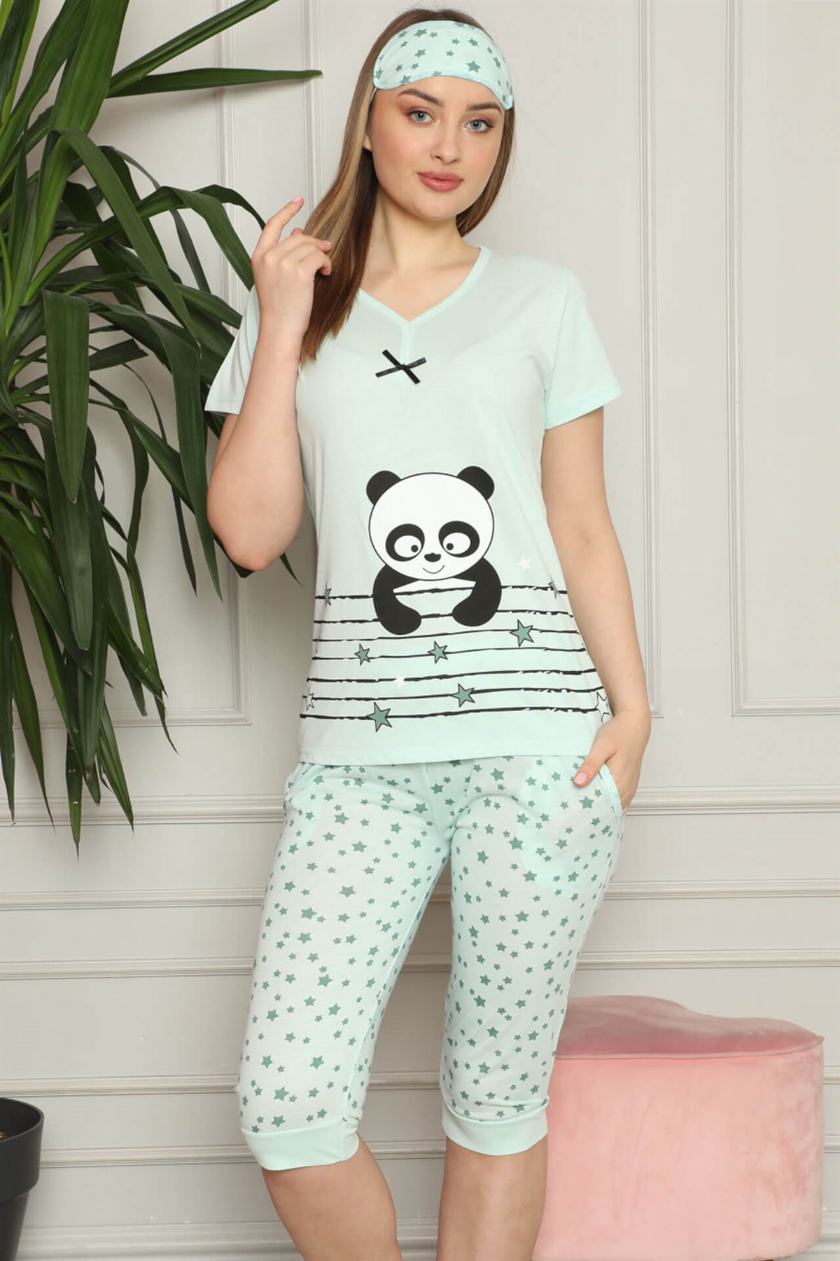Akbeniz Kadın %100 Pamuk Penye Kısa Kol Kapri Pijama Takım 3538