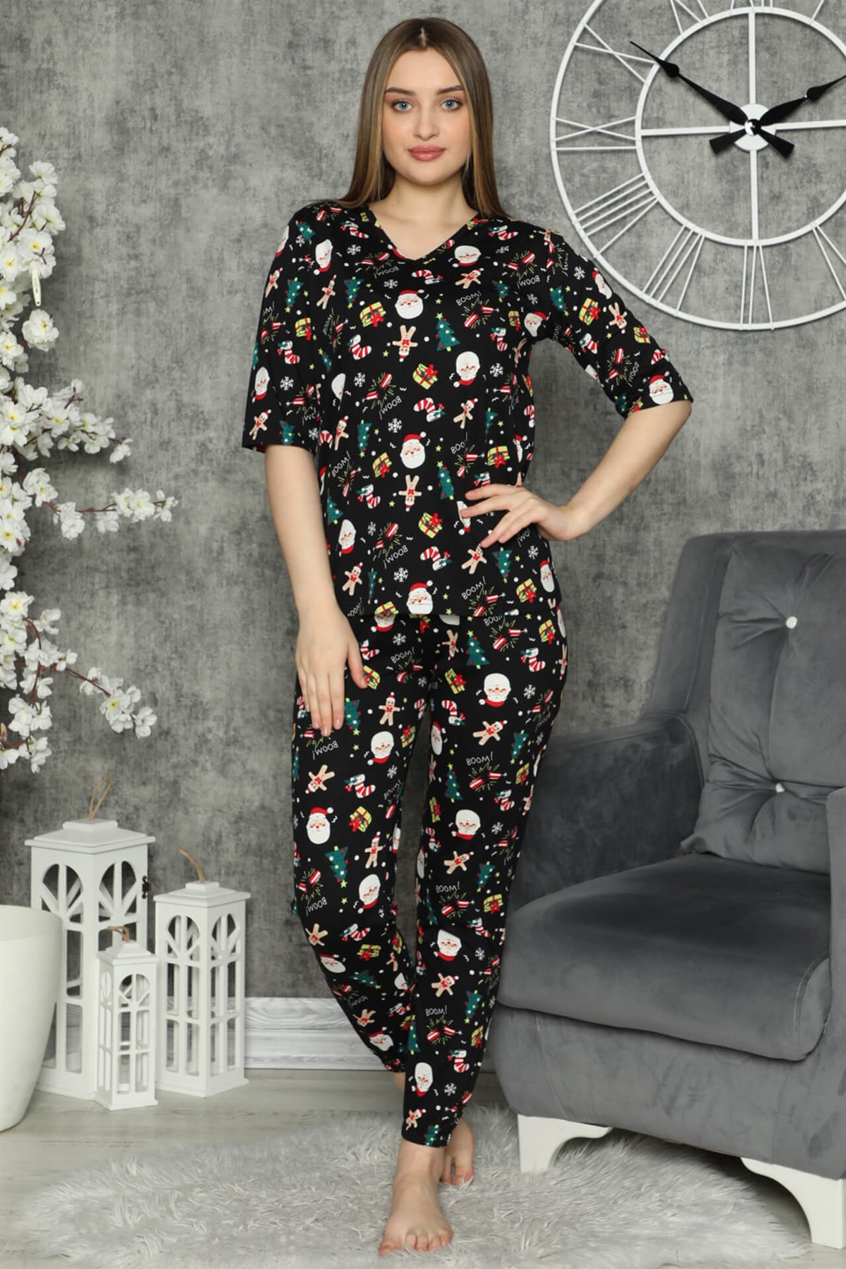 Akbeniz Kadın %100 Pamuk Penye Kısa Kol Pijama Takım 3317