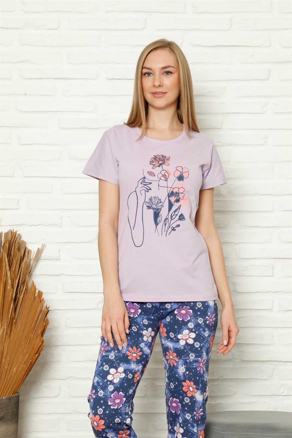 Akbeniz Kadın %100 Pamuk Penye Kısa Kol Pijama Takım 3439