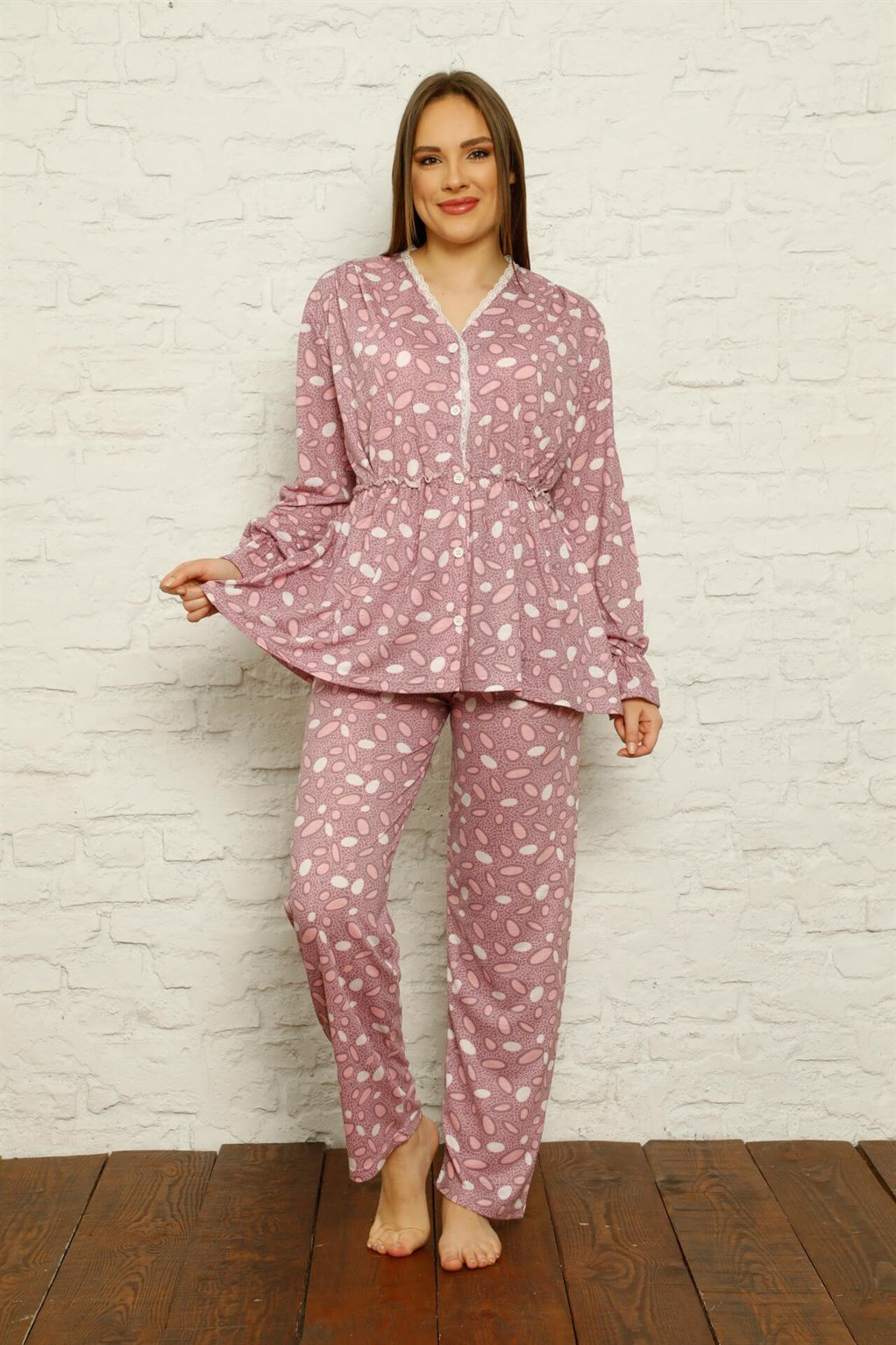 Akbeniz Kadın %100 Pamuk Penye Pileli Pijama Takım 17102