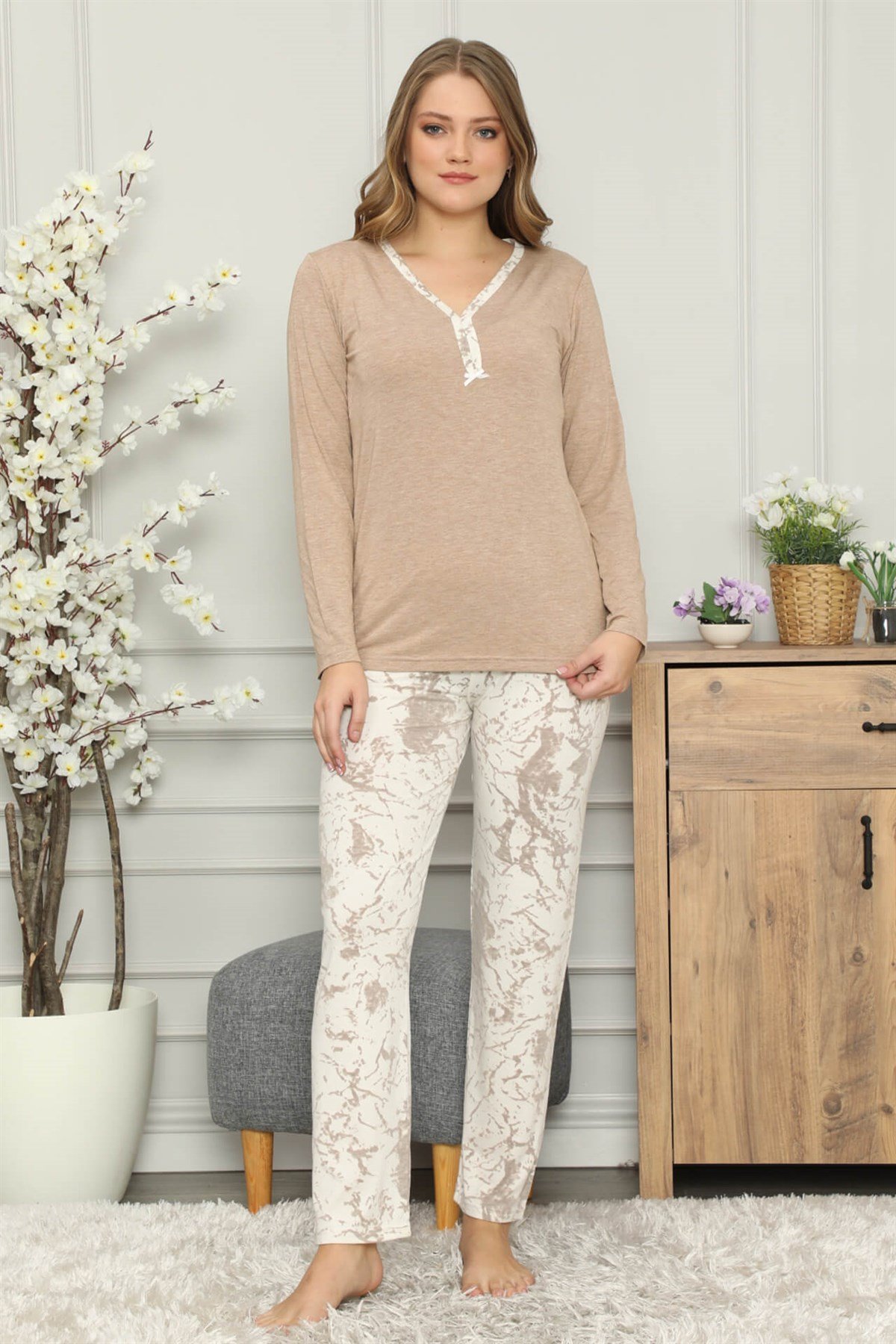 Akbeniz Kadın %100 Pamuk Penye Uzun Kol Pijama Takım 2703