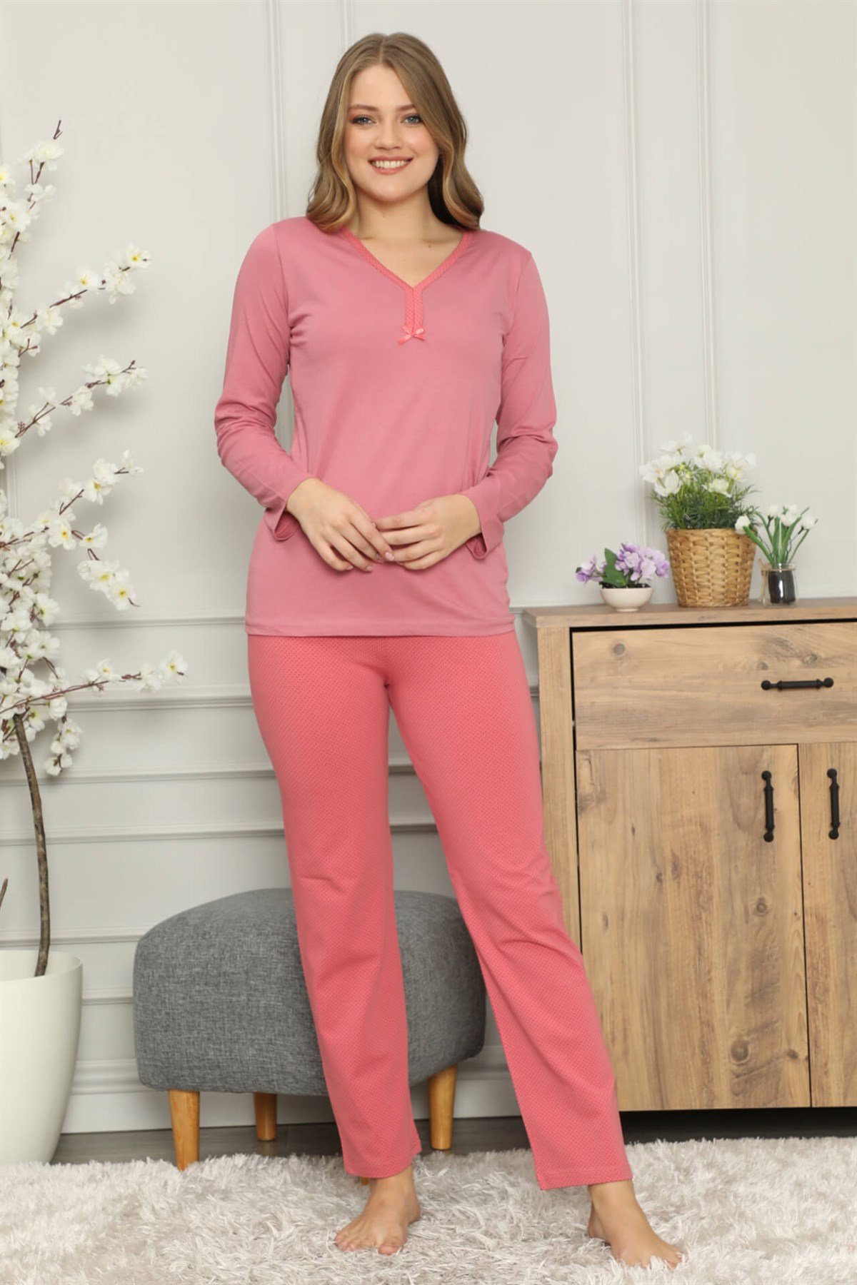 Akbeniz Kadın %100 Pamuk Penye Uzun Kol Pijama Takım 2707