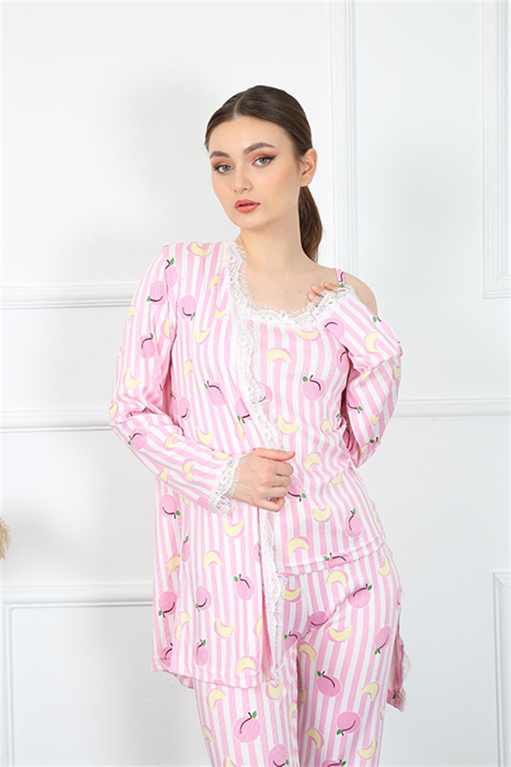 Akbeniz Kadın 3'lü Pembe Sabahlık Pijama Takım 16104