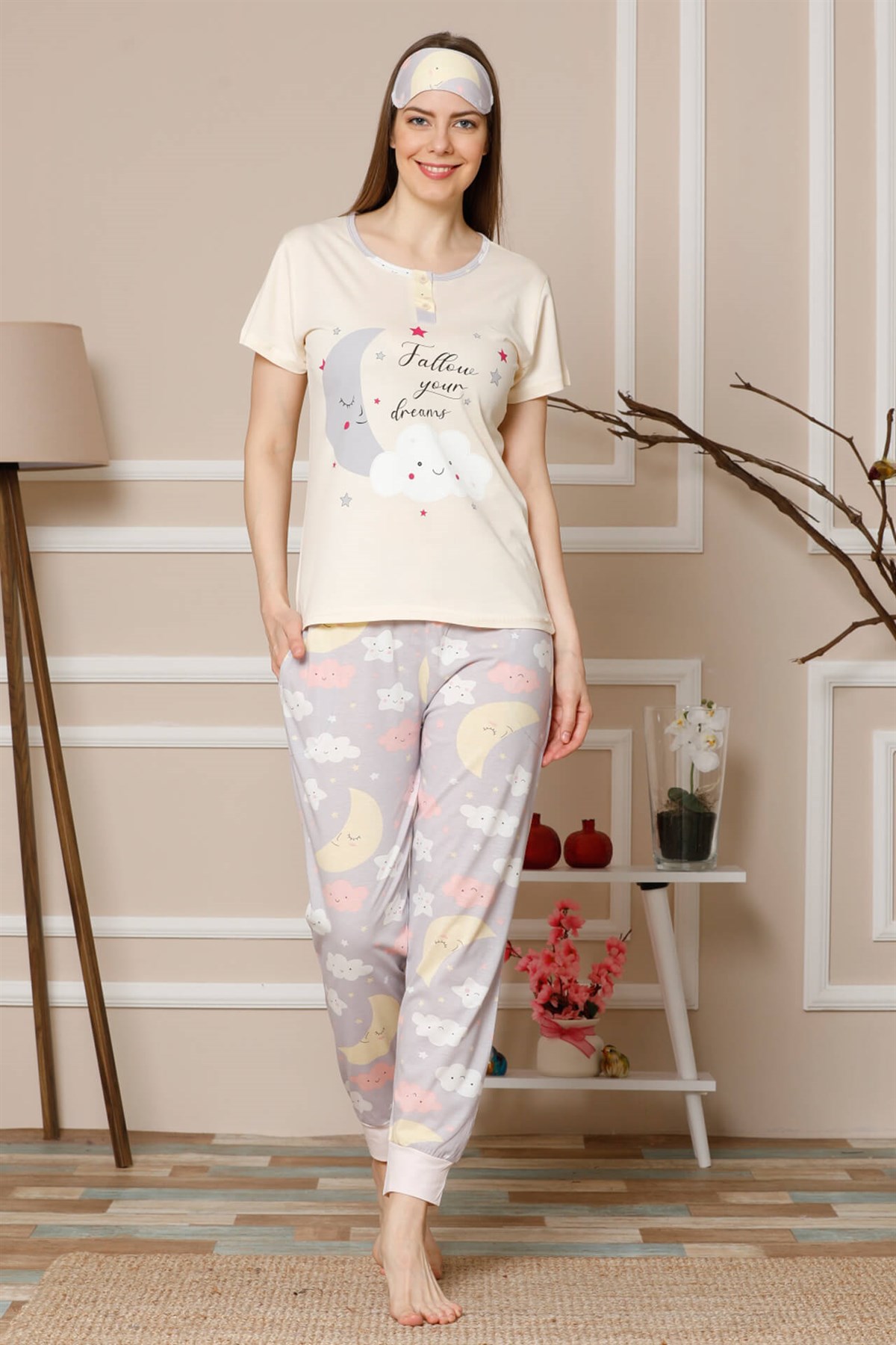 Akbeniz Kadın Bej Pamuklu Cepli Kısa Kol Ribana Paça Pijama Takım 2515
