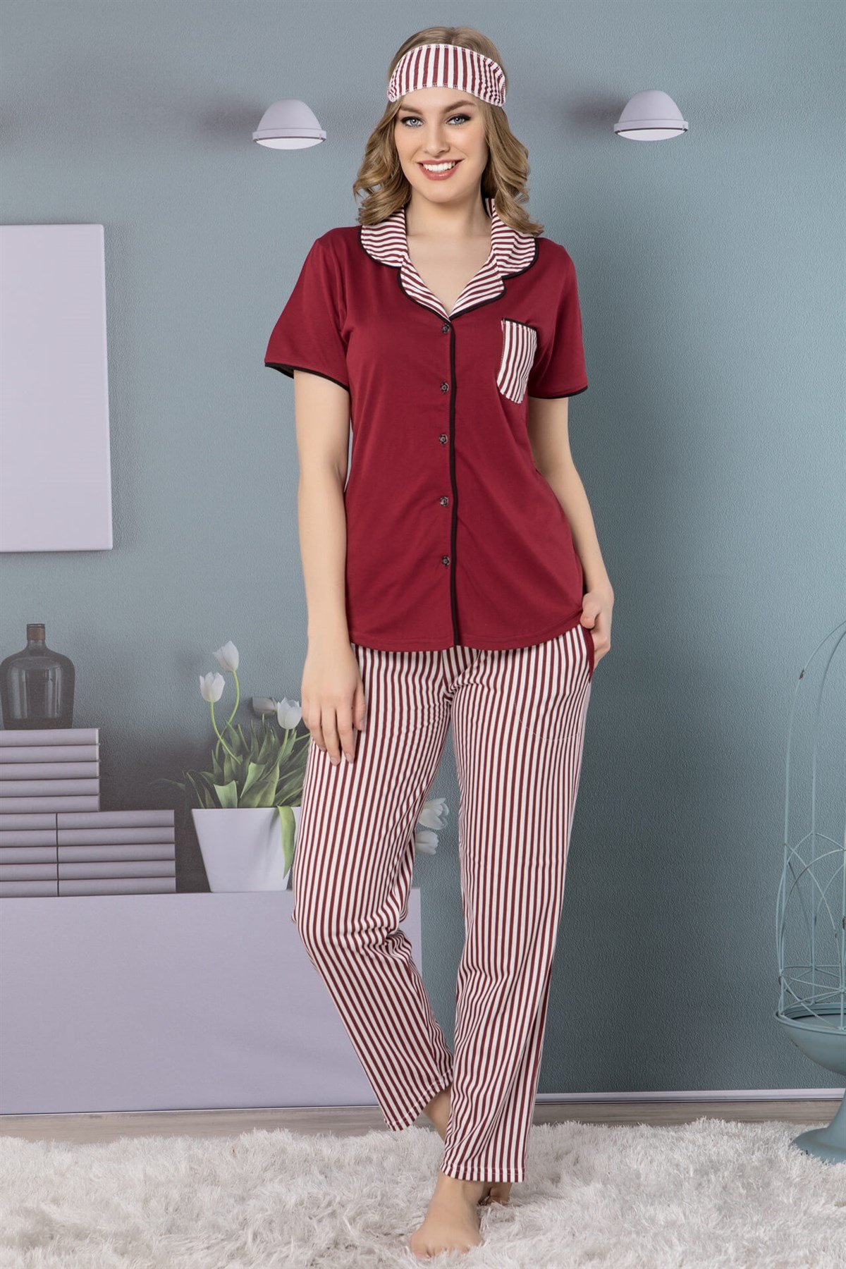Akbeniz Kadın Bordo Düğmeli Pamuklu Cepli Kısa Kol Pijama Takım 2505