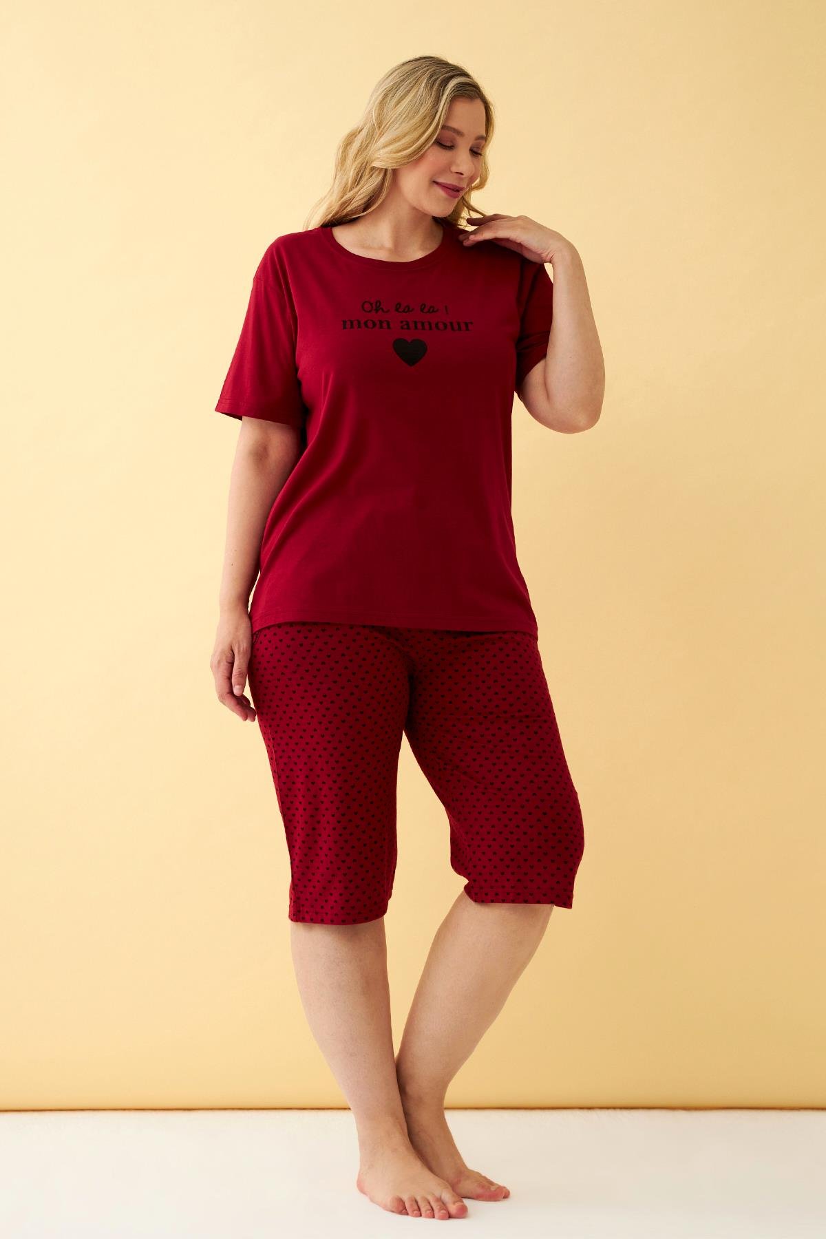 Akbeniz Kadın Bordo Kalp Desenli Büyük Beden Kapri Pijama Takımı