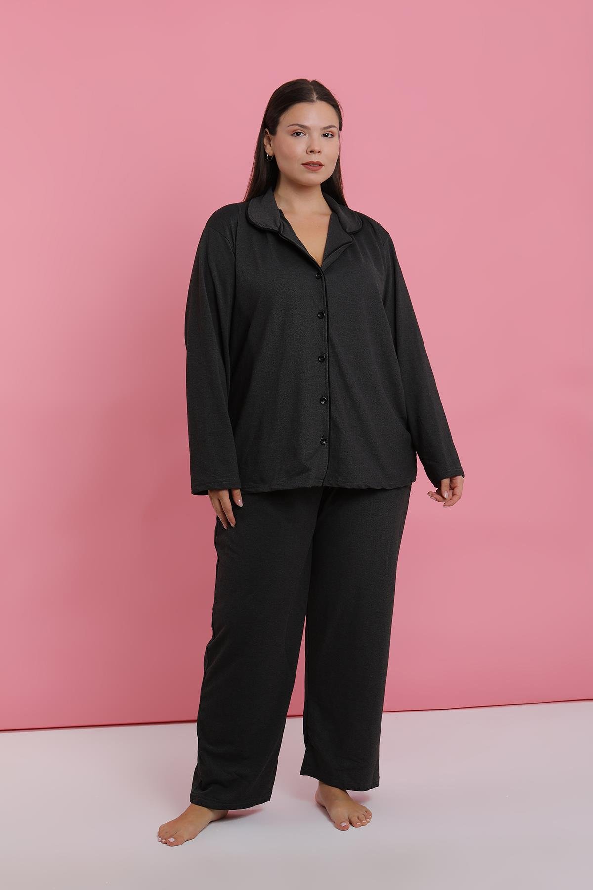 Akbeniz Kadın Büyük Beden Füme Düğmeli Pijama Takımı