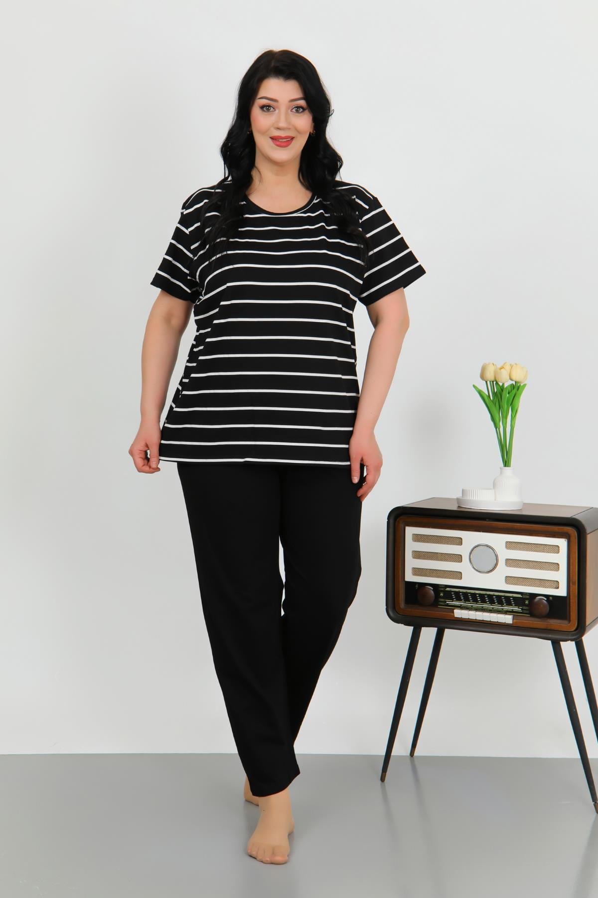 Akbeniz Kadın Büyük Beden Kısa Kol Penye Pijama Takımı Siyah 202505